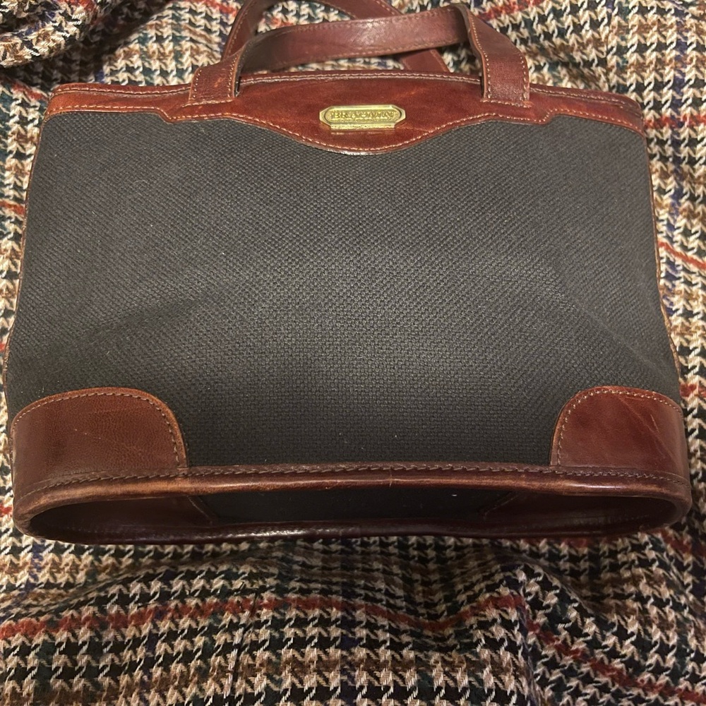 Brahmin Used Black Canvas Small Tote Leather Trim